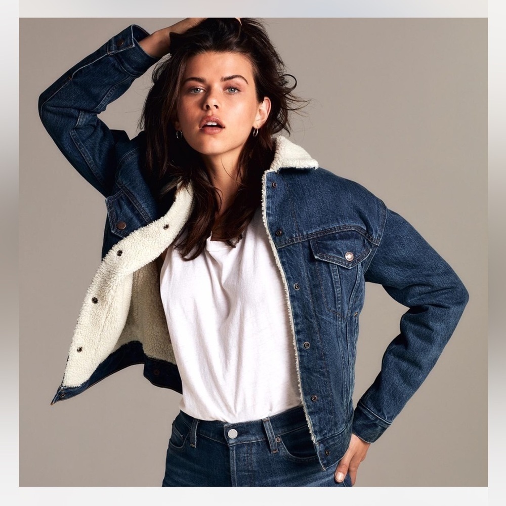 Aritzia Denim Forum The Ella Sherpa Lined Denim Jacket Dark Wash Size Large - Picture 2 of 11